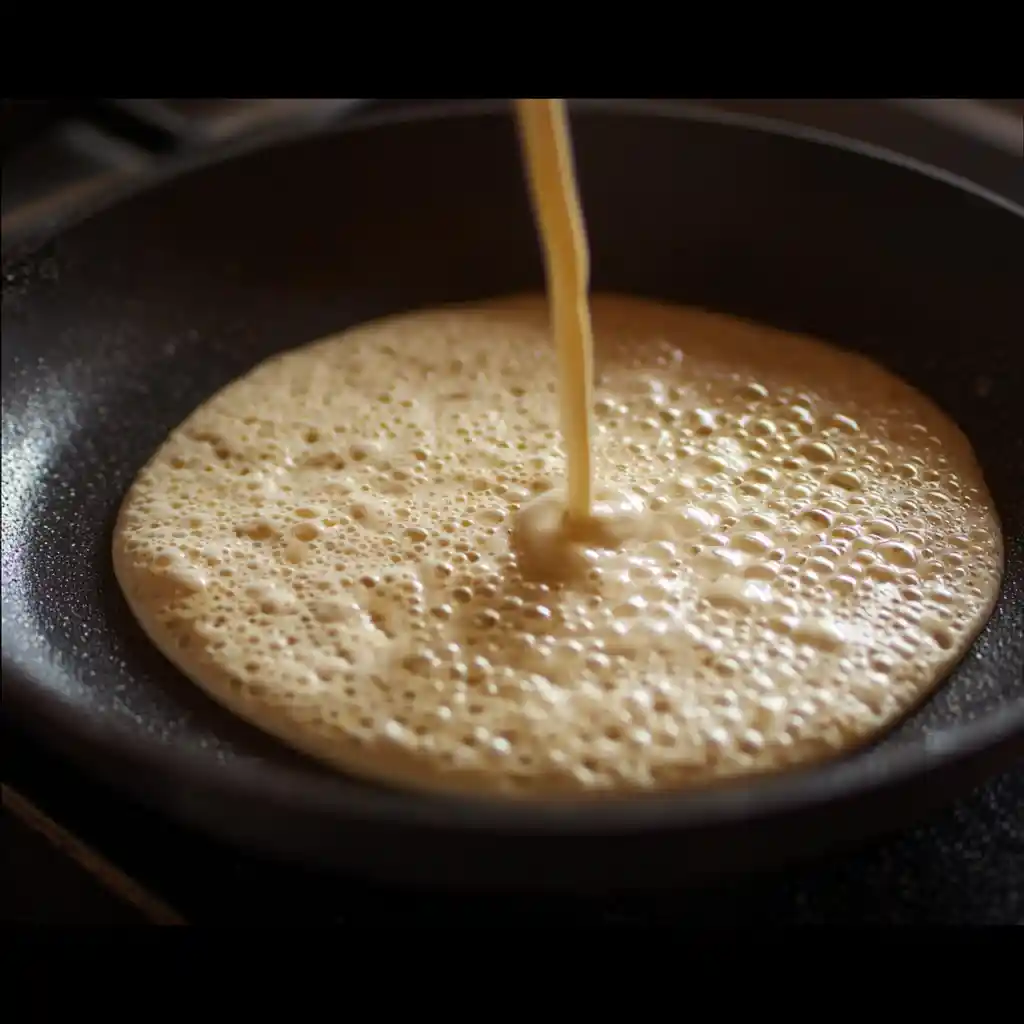 Almond milk pancake batter cooking on a skillet