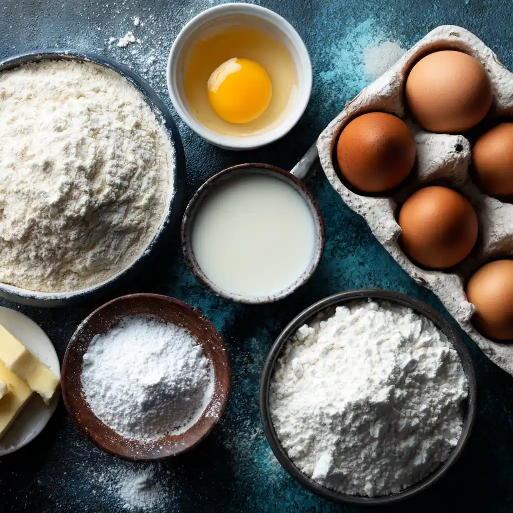 Ingredients for almond milk pancakes including flour and almond milk