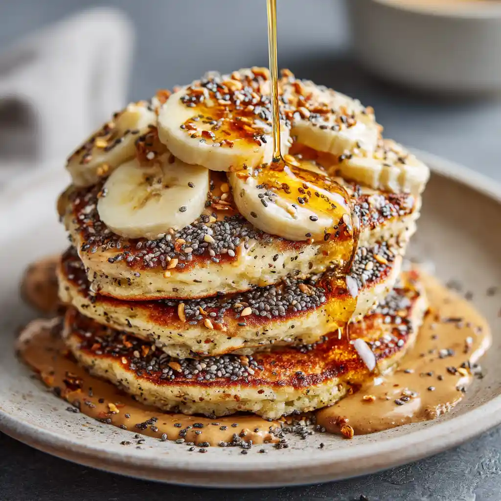 Almond milk pancakes with banana, chia seeds, and honey