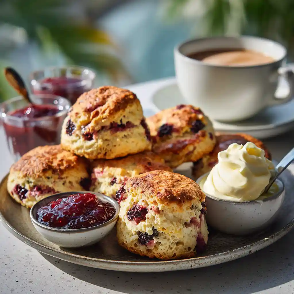 serving blackberry mango scones with cream and coffee