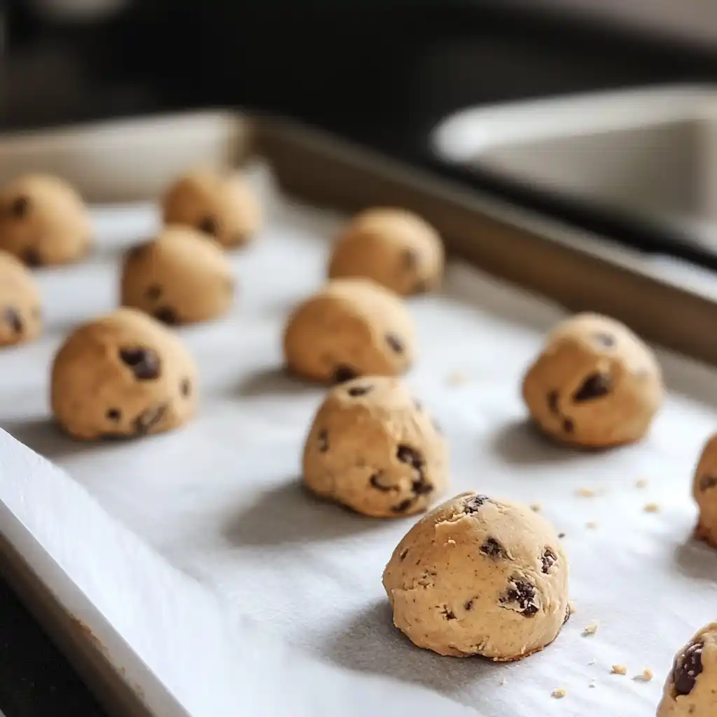 Blueberry cheesecake cookie dough balls on baking sheet