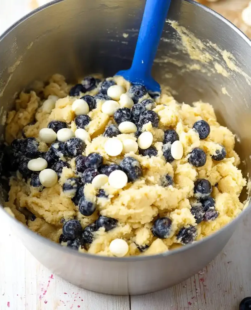 Cookie dough for blueberry white chocolate cookies on a baking tray.