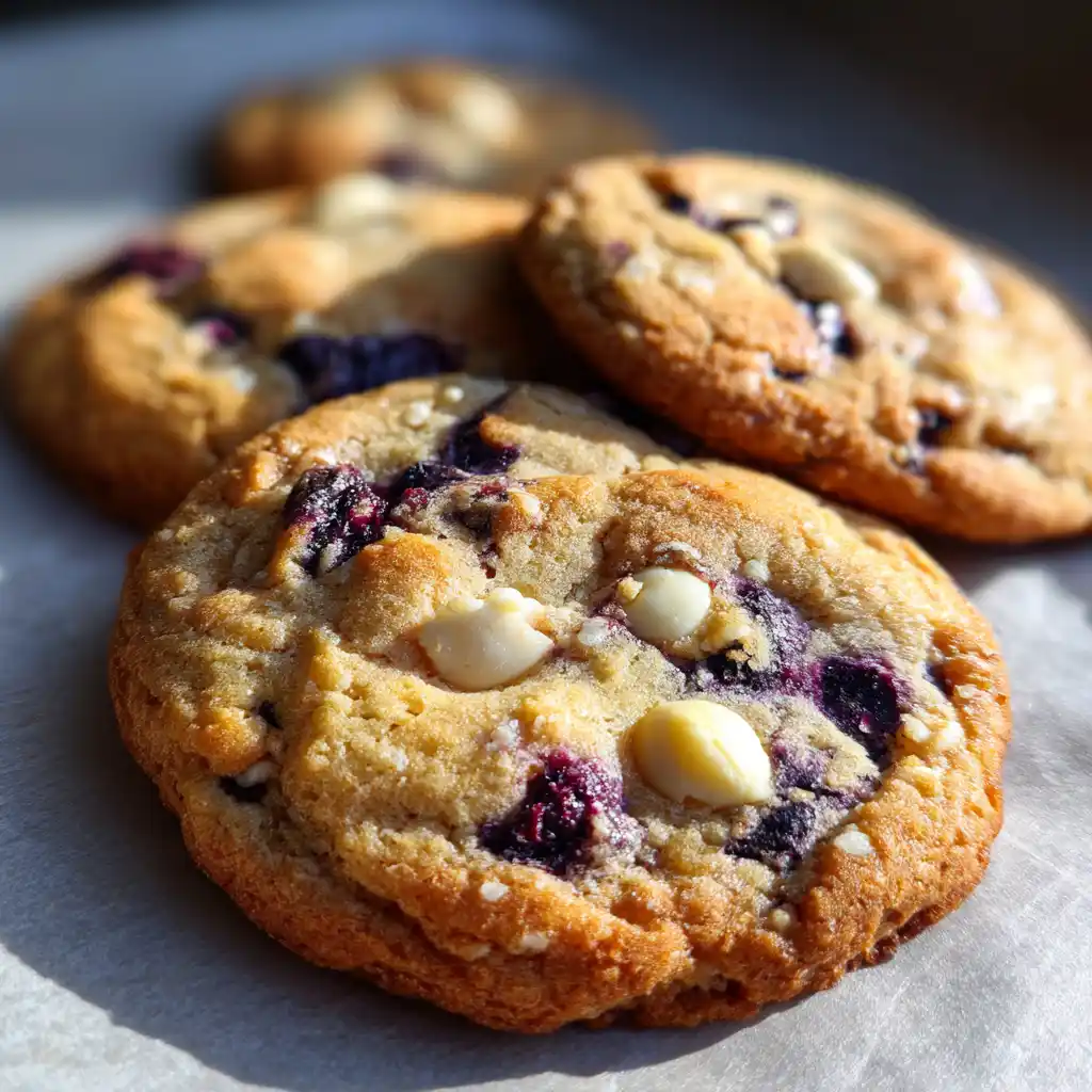 Freshly baked blueberry white chocolate cookies on a tray.