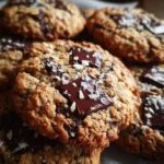 Freshly baked chocolate chunk oatmeal cookies stacked on a plate
