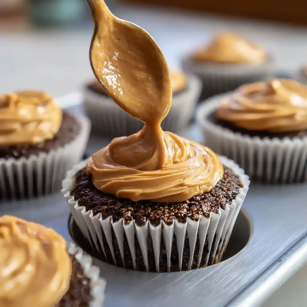 Chocolate peanut butter cupcake batter in liners