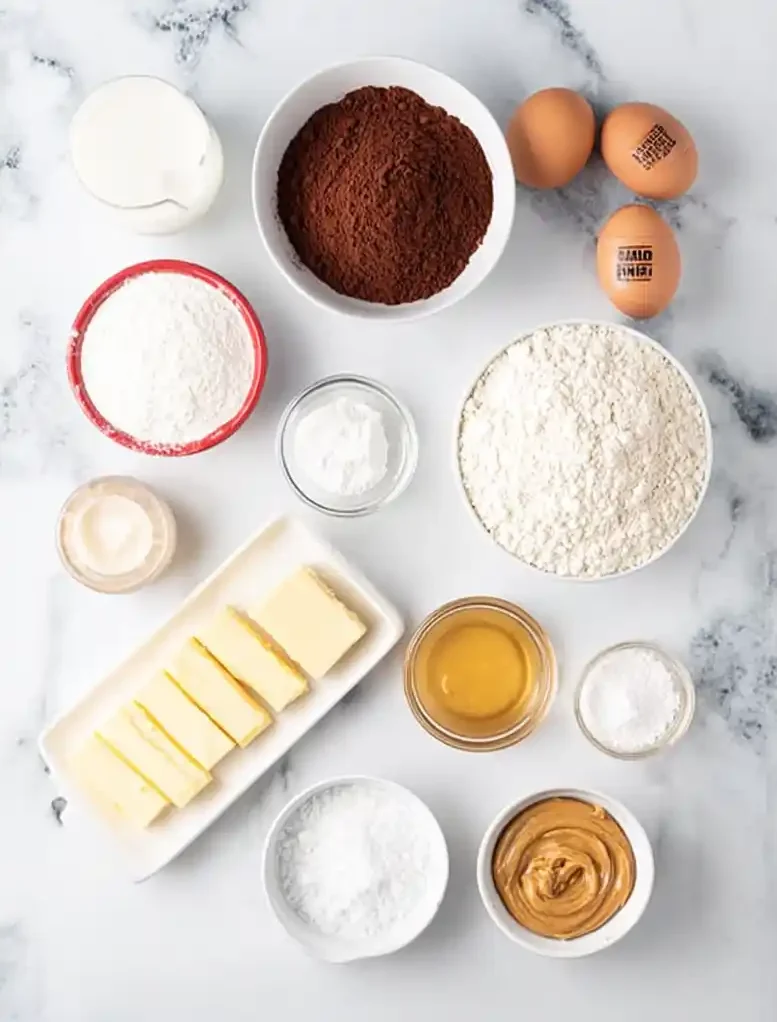 Chocolate peanut butter cupcake ingredients on a counter