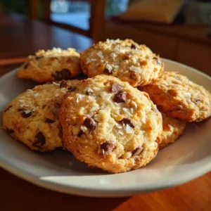 Coconut Chocolate Chip Cookies cooling on rack with melted chocolate