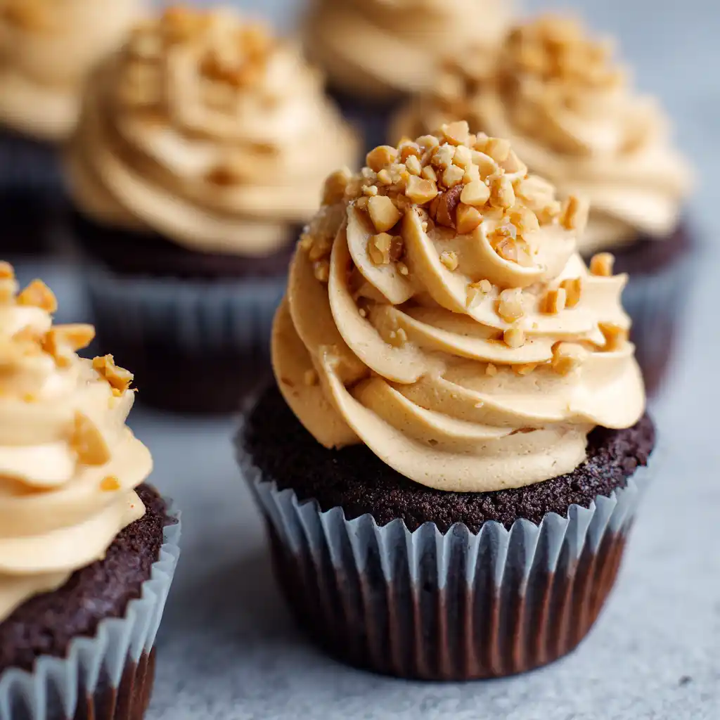 cupcakes topped with peanut butter cream cheese frosting