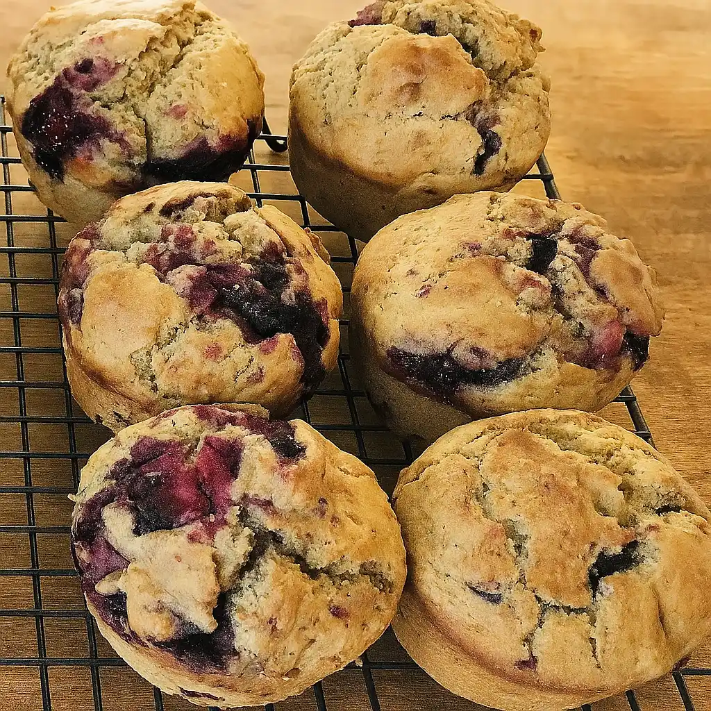 Dairy Free Blueberry Muffins cooling on a wire rack.