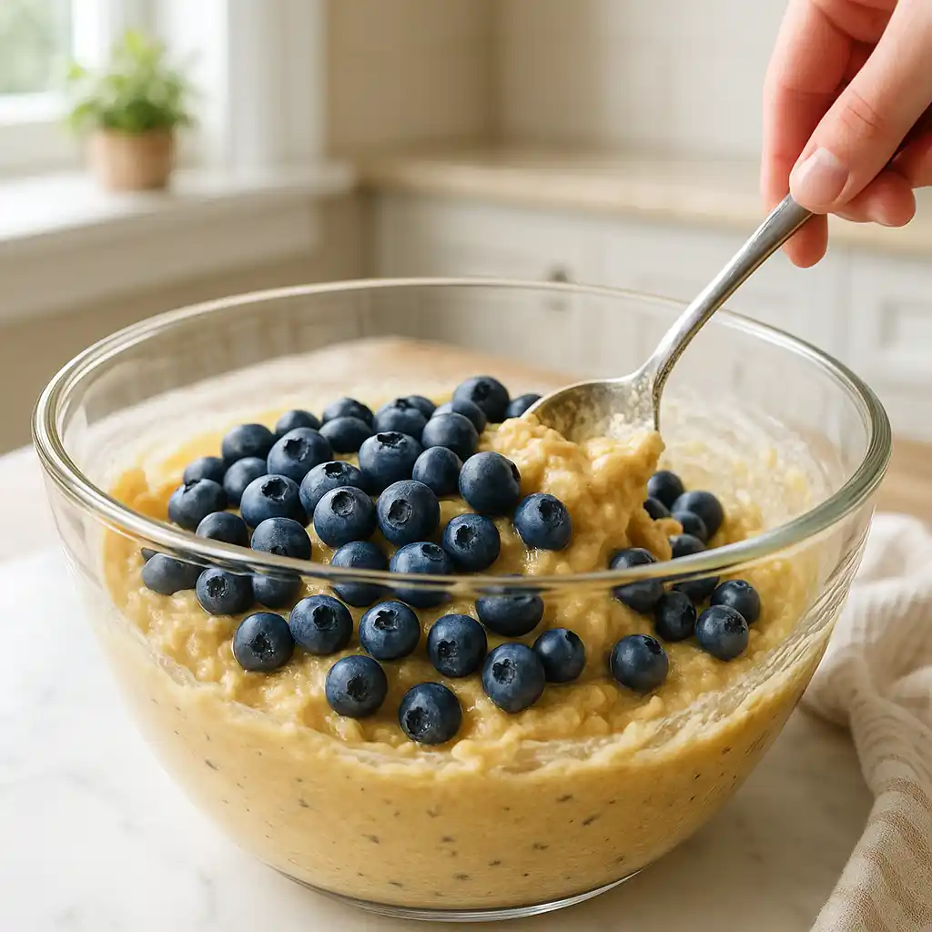 Folding blueberries into muffin batter for Dairy Free Blueberry Muffins.