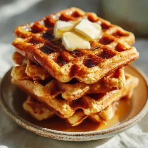 fluffy dairy free waffles stacked with banana and syrup