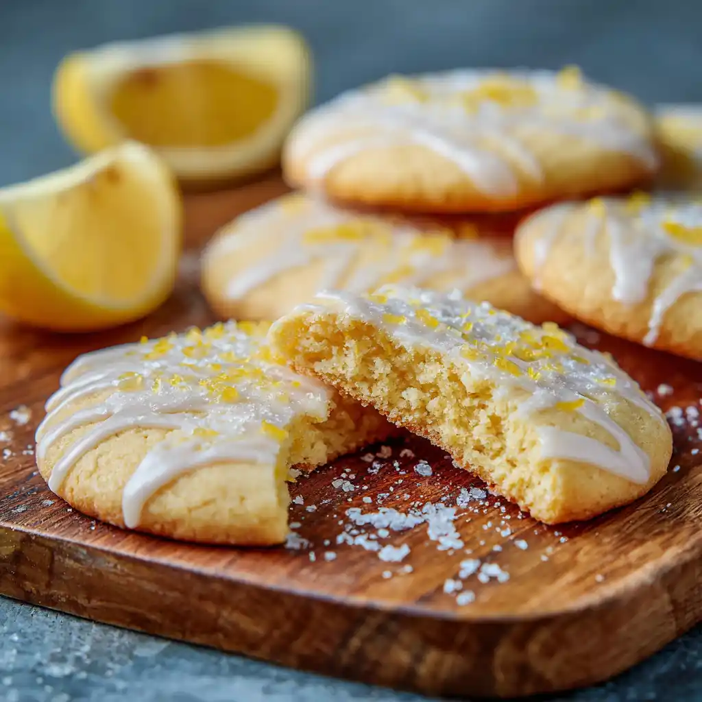 decorated soft lemon cookies with glaze and sugar dusting