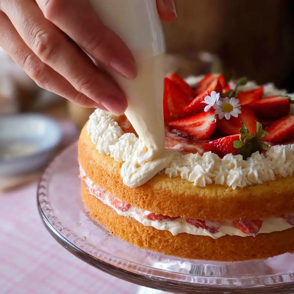 Decorating Strawberry Vanilla Cake with frosting and strawberries