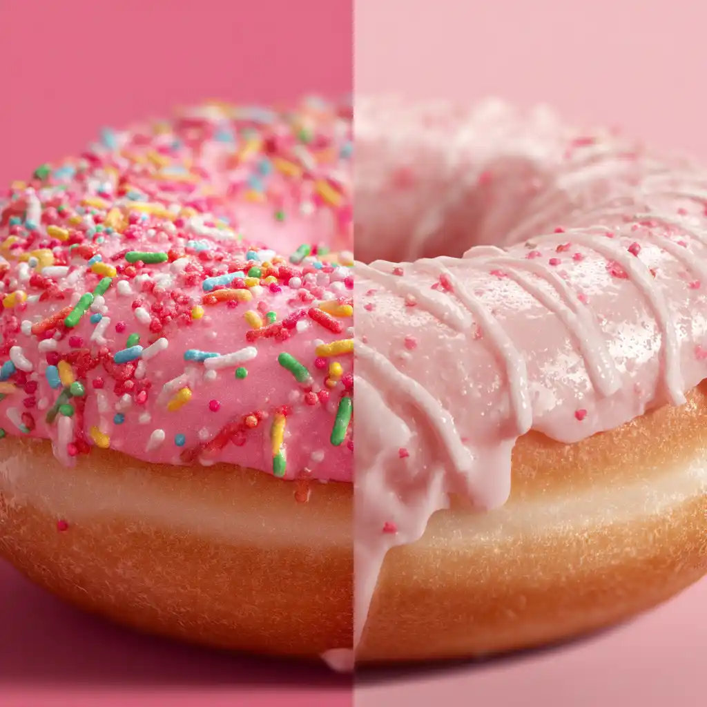 Strawberry frosted donut Dunkin and strawberry glazed donut Krispy Kreme