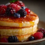 Fluffy egg-free pancakes stack with syrup and blueberries