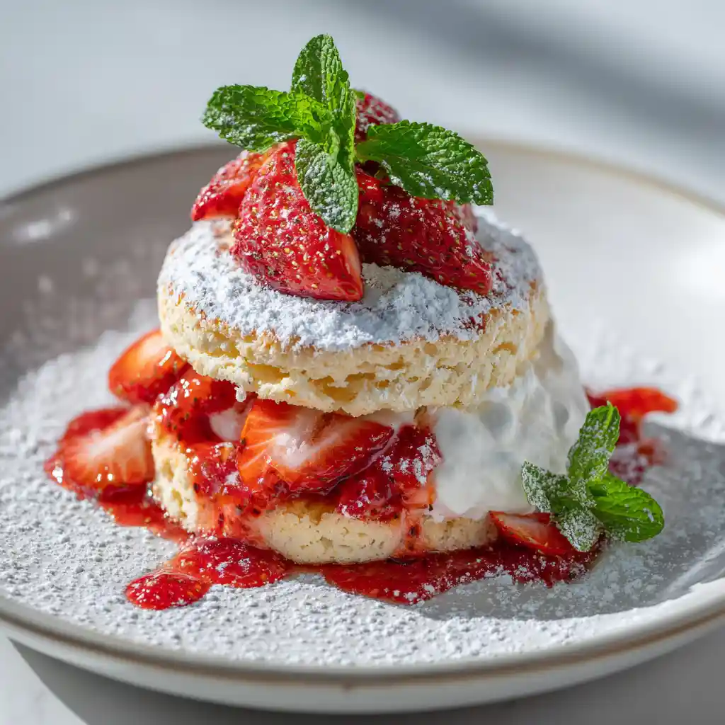 Elegant vegan strawberry shortcake plated with mint and powdered sugar