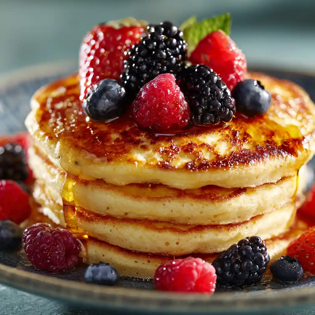 Fluffy egg-free pancakes stack with syrup and berries