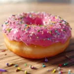 Homemade strawberry frosted donuts with pink icing and sprinkles