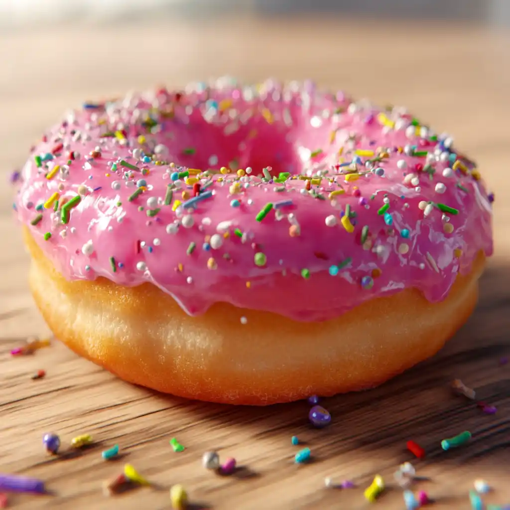 Homemade strawberry frosted donuts with pink icing and sprinkles