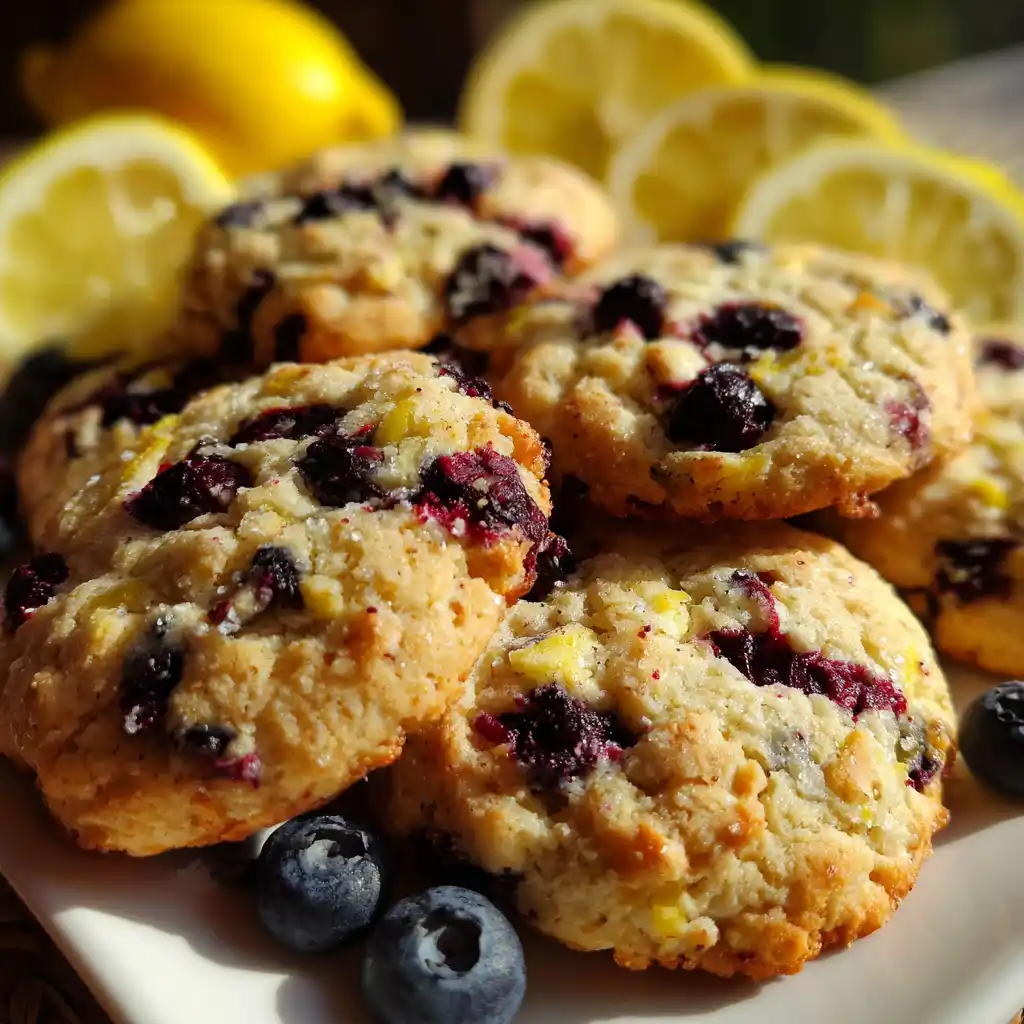 Freshly baked lemon blueberry cookies on a rustic table
