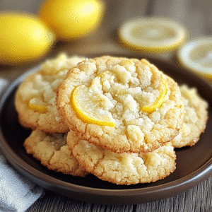 lemon jumble cookies on plate with fresh lemons