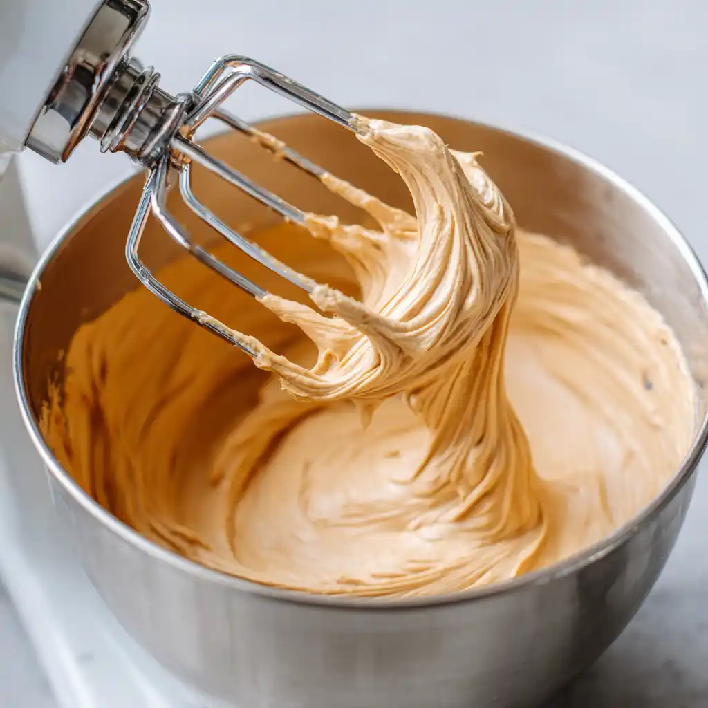 mixing peanut butter cream cheese frosting in bowl