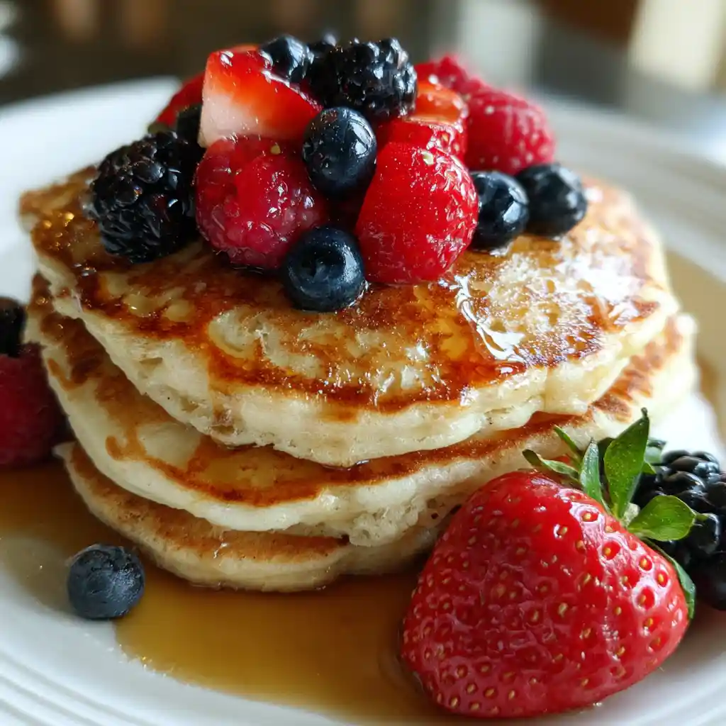 oat flour pancakes fluffy stack with berries and maple syrup