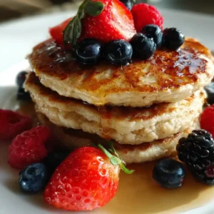 fluffy oat flour pancakes stack with bananas, blueberries, and maple syrup
