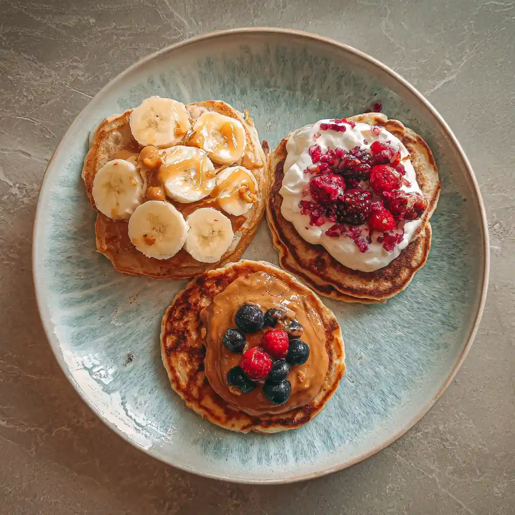 variations of oat flour pancakes with banana, yogurt, and vegan toppings