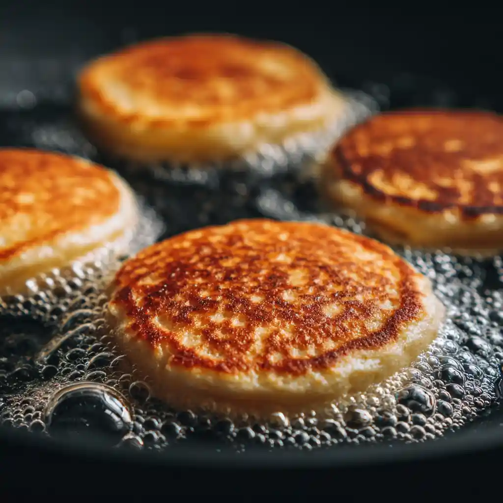 Oat milk pancakes cooking on skillet with bubbles forming