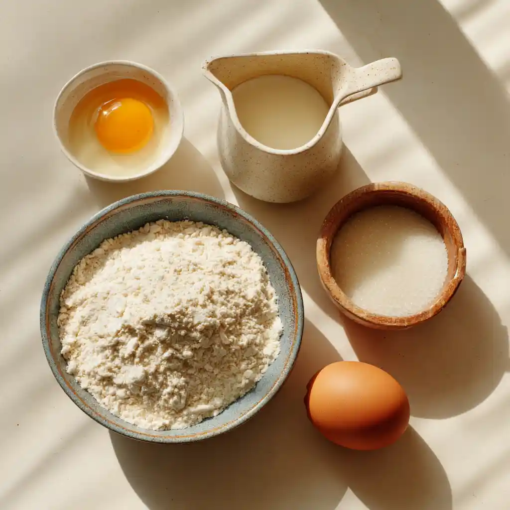 Pancake ingredients including oat milk, flour, sugar, and egg on counter