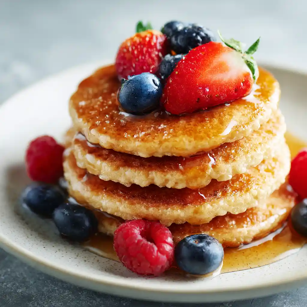 Fluffy oat milk pancakes with maple syrup and berries