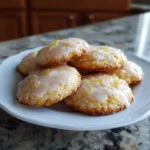 soft lemon cookies stacked on a plate with glaze