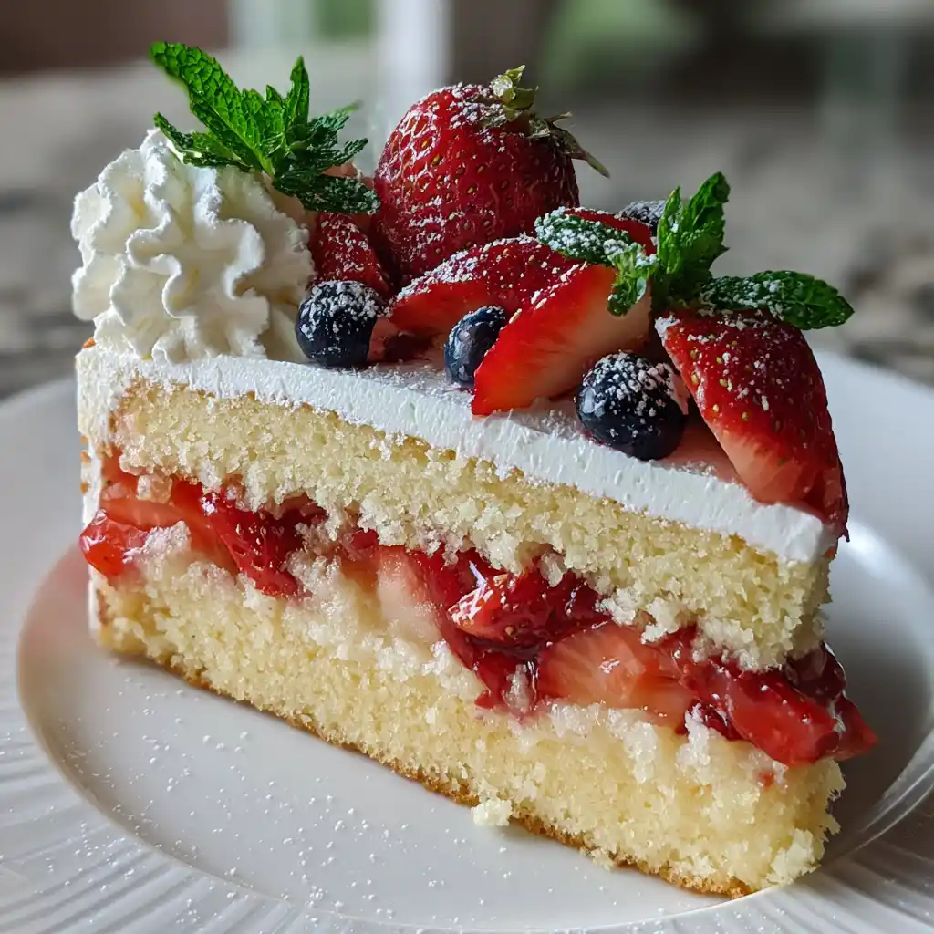 Slice of Strawberry Vanilla Cake with whipped cream and berries