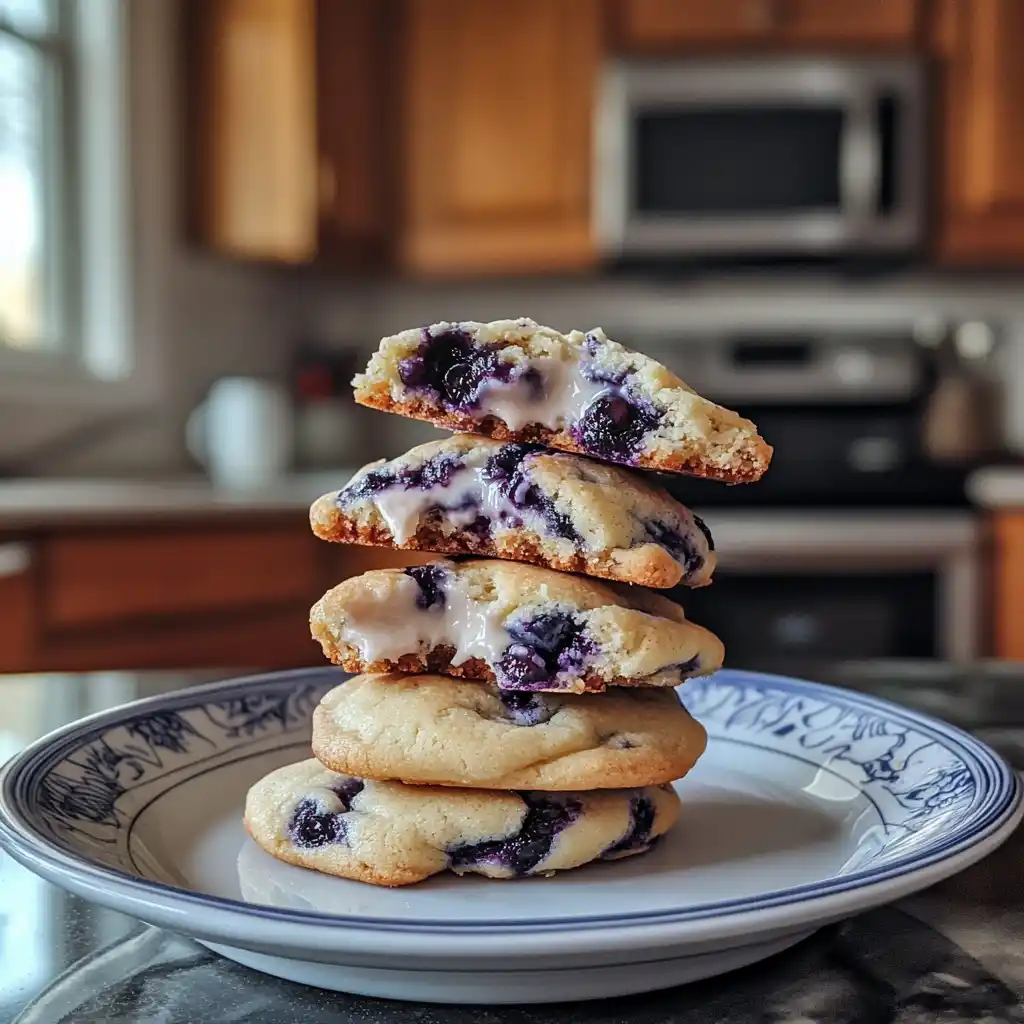 Stack of blueberry cheesecake cookies with bite showing creamy center