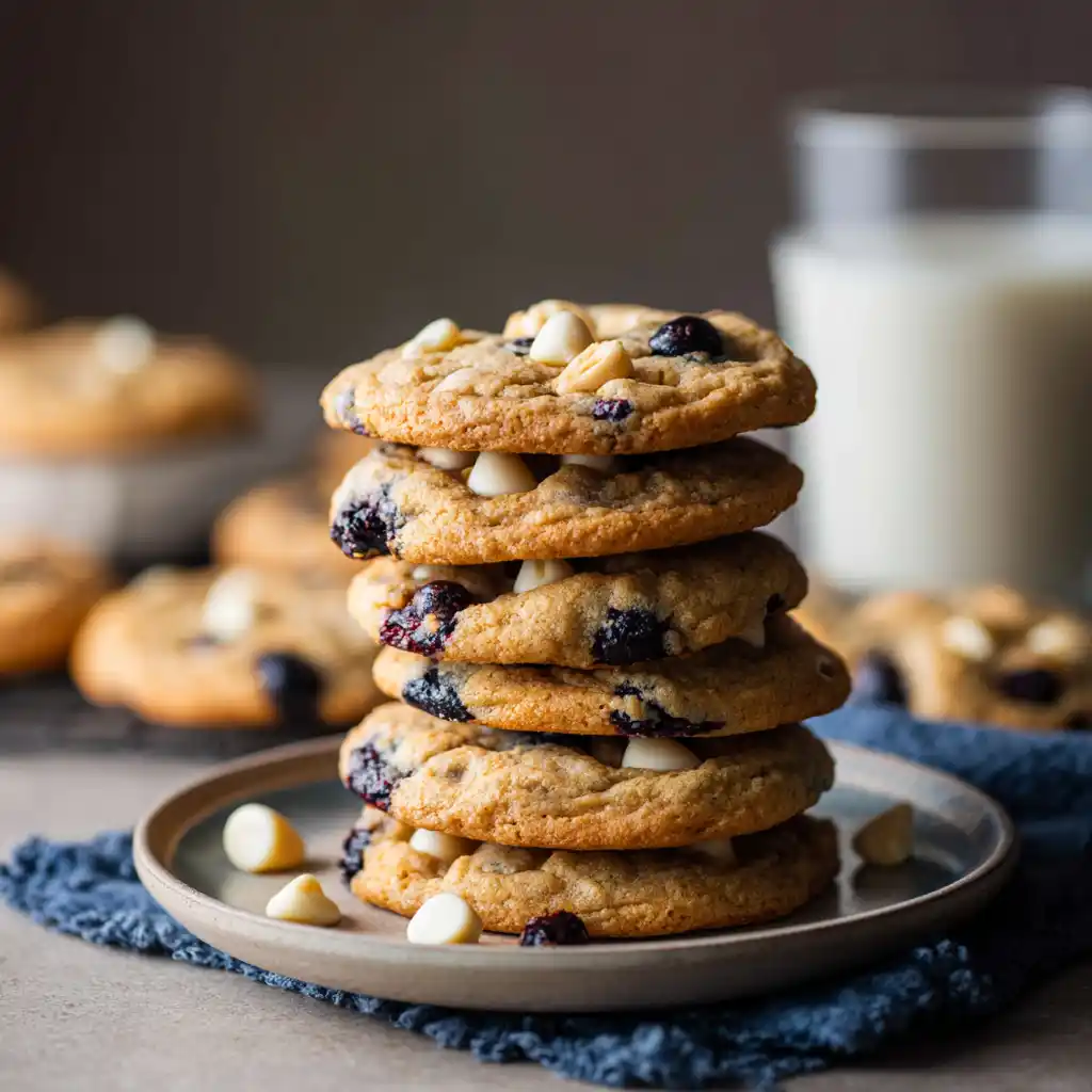 Stack of blueberry white chocolate cookies on a plate.