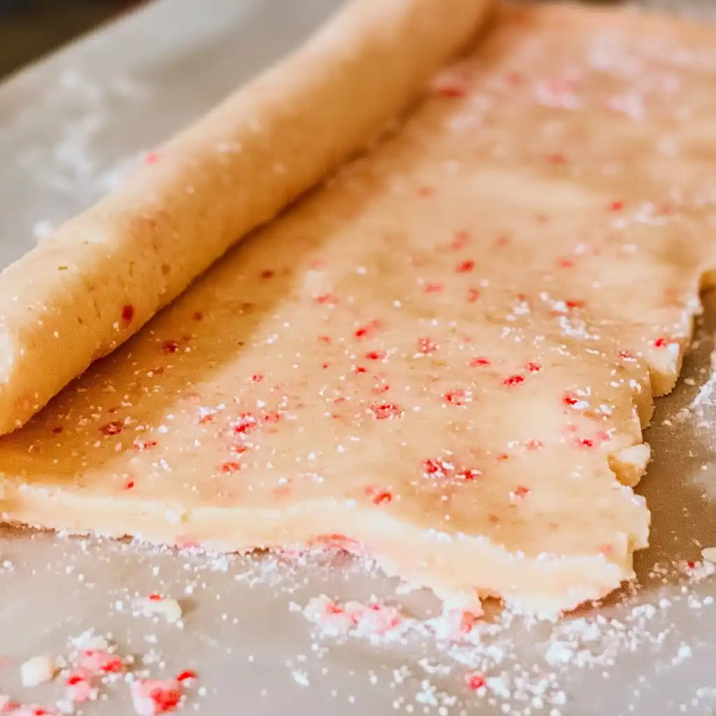 Strawberry shortbread cookie dough being rolled out