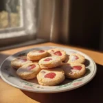 Strawberry shortbread cookies stacked on a plate with pink strawberry flecks