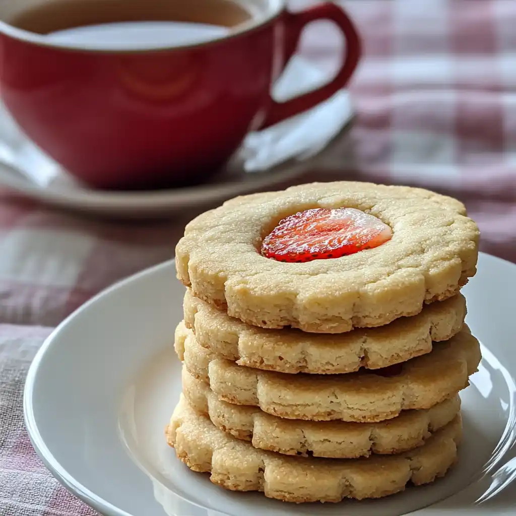 Strawberry shortbread cookies served with tea
