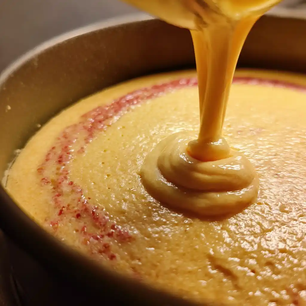 Preparing Strawberry Vanilla Cake batter for baking