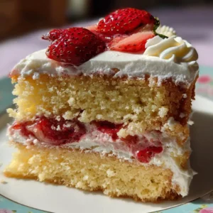 Strawberry Vanilla Cake recipe with vanilla layers and strawberry filling