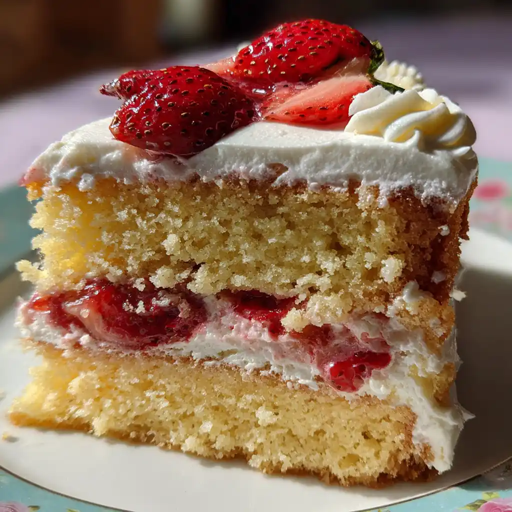 Strawberry Vanilla Cake recipe with vanilla layers and strawberry filling