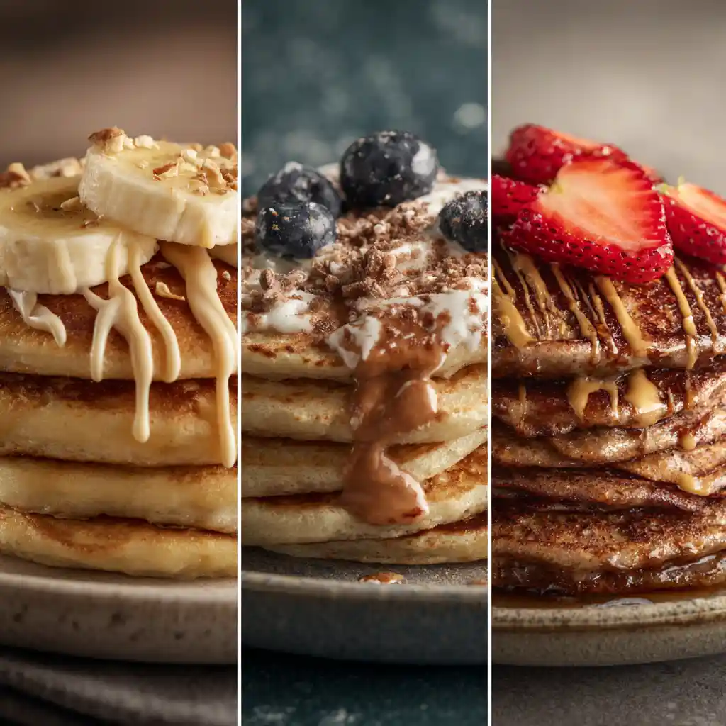 Variations of egg-free pancakes served on plates