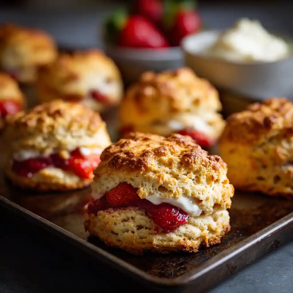 Golden vegan shortcake biscuits cooling on a tray