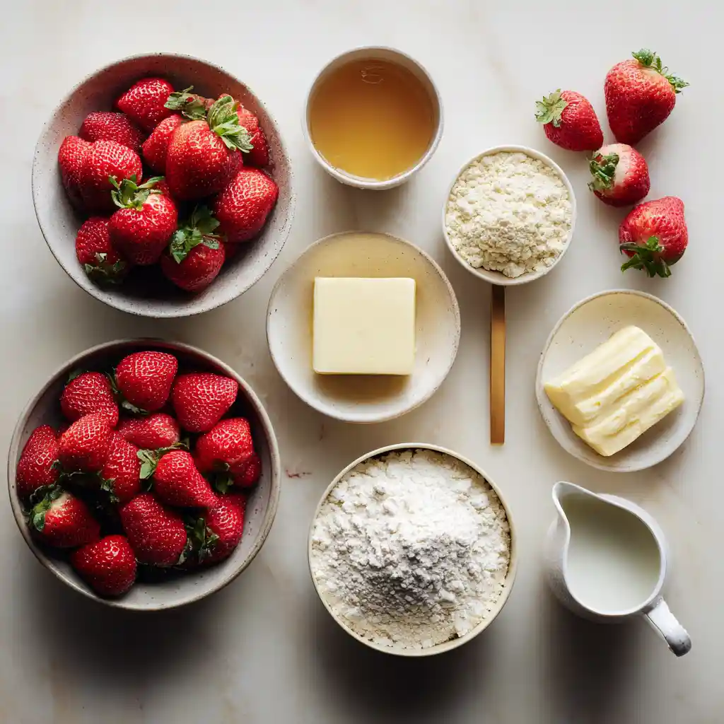 Ingredients for vegan strawberry shortcake recipe including strawberries and coconut cream