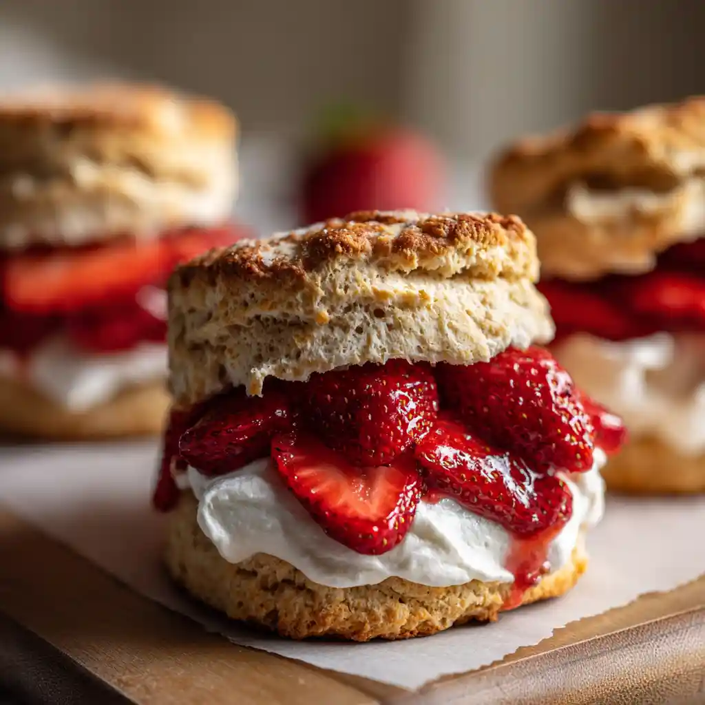 Vegan strawberry shortcakes with fresh strawberries and dairy-free cream