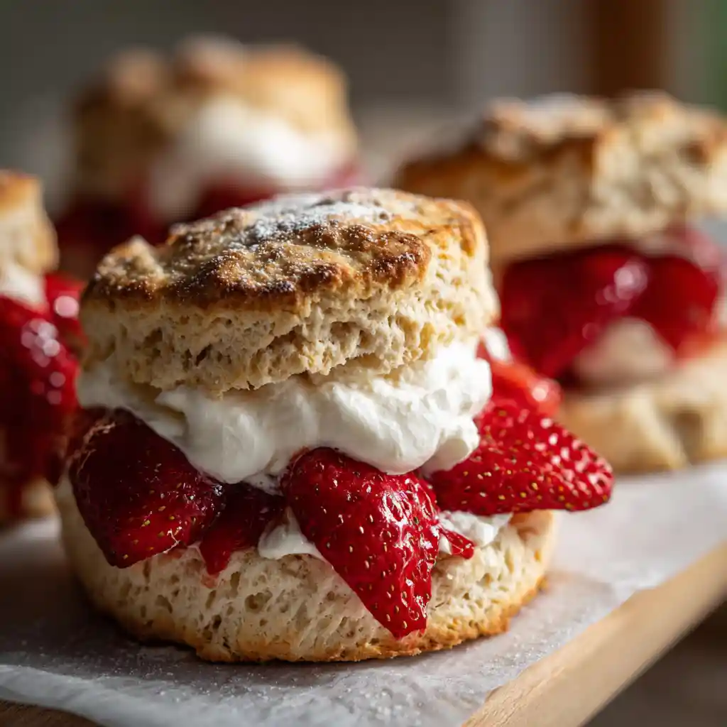 Vegan strawberry shortcakes with dairy-free cream and fresh strawberries
