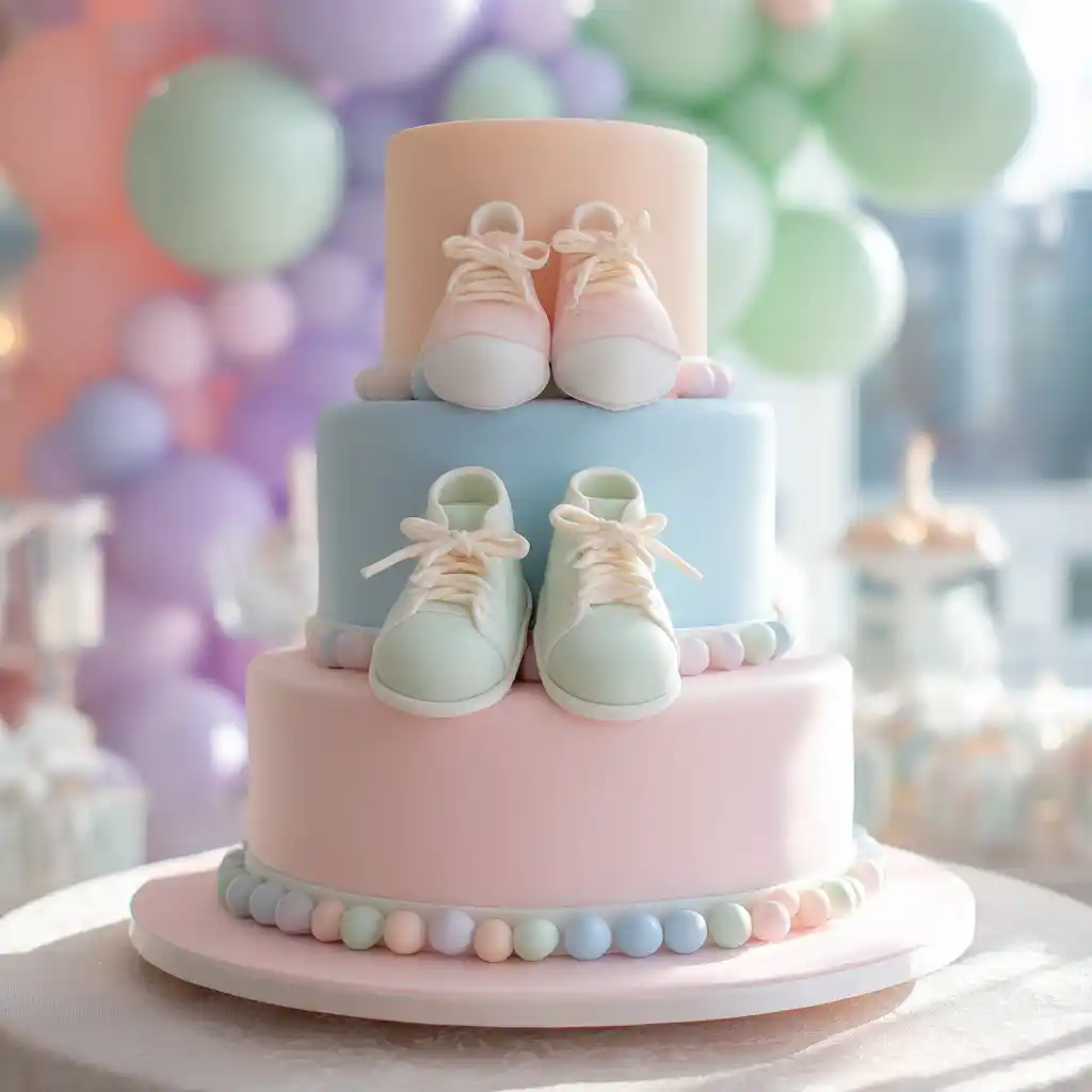 baby shower cake with pastel decorations and fondant baby shoes