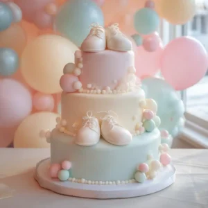 baby shower cake with pastel decorations and fondant baby shoes