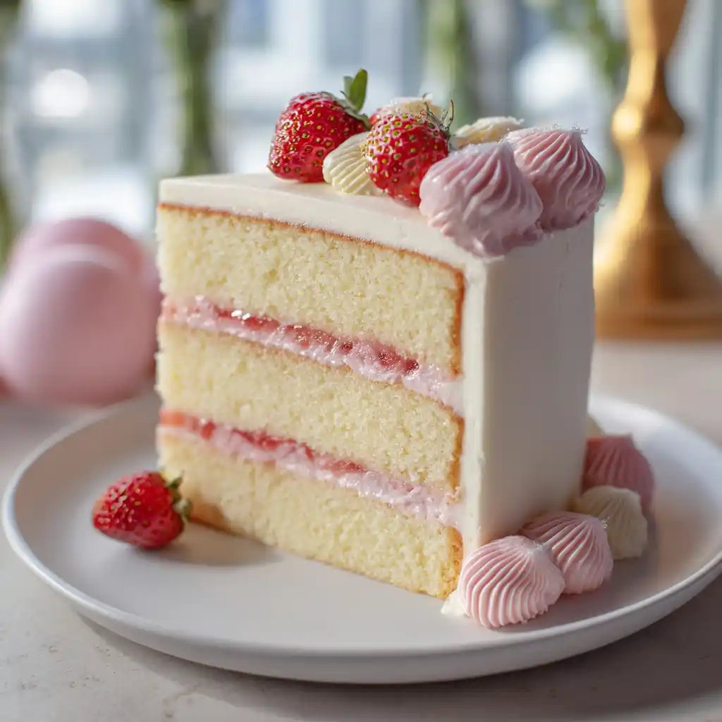 slice of baby shower cake with strawberry filling